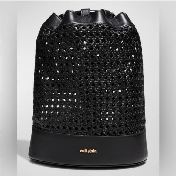 Cult Gaia Fifa woven black leather bucket backpack